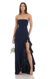 Strapless Back Bow Corset Maxi Dress in Navy